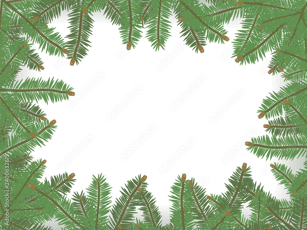 A vector Christmas card framed by green spruce branches in a circle border on a white background. A vector Christmas card framed by green spruce branches in a circle border on a white background.