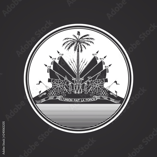 Rounded white Haiti coat of arms emblem on black background