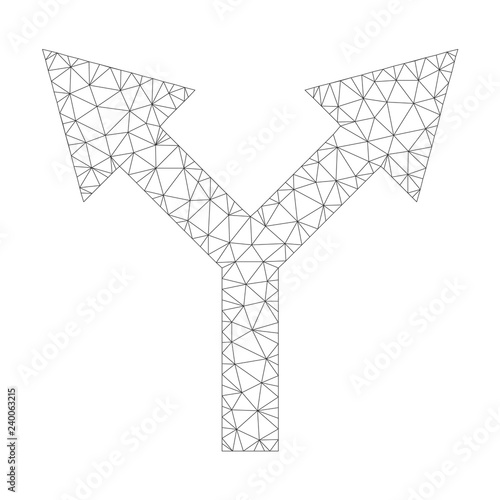 Polygonal vector bifurcation arrow up icon on a white background. Polygonal wireframe grey bifurcation arrow up image in low poly style with structured triangles, dots and lines.