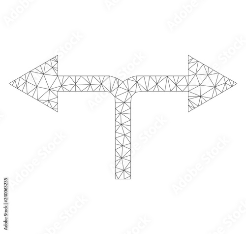 Polygonal vector bifurcation arrows left right icon on a white background. Mesh carcass gray bifurcation arrows left right image in lowpoly style with organized triangles, points and linear items.