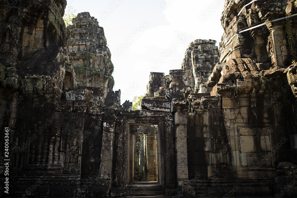 (Selective focus) Amazing view of the Angkor Wat ruins in Siem Reap, Cambodia. Angkor Wat is a temple complex in Cambodia and one of the largest religious monuments in the world.
