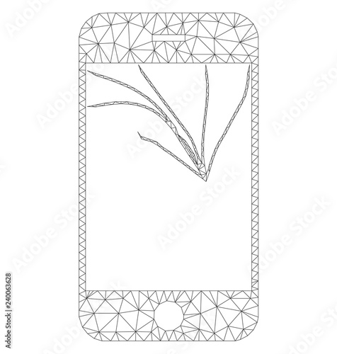 Mesh vector broken smartphone screen icon on a white background. Mesh wireframe dark gray broken smartphone screen image in lowpoly style with structured triangles, points and linear items.