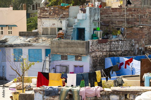Close-up view of some roofs with clothes hanging out to dry in the blue city of Jodhpur  India.