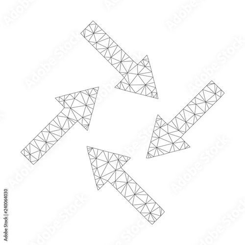 Mesh vector centripetal arrows icon on a white background. Mesh wireframe grey centripetal arrows image in low poly style with structured triangles, nodes and lines.