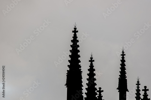 church spires silhouetted at sunrise