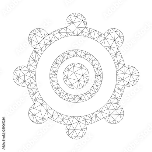 Mesh vector cog wheel icon on a white background. Mesh carcass gray cog wheel image in lowpoly style with combined triangles, dots and lines.