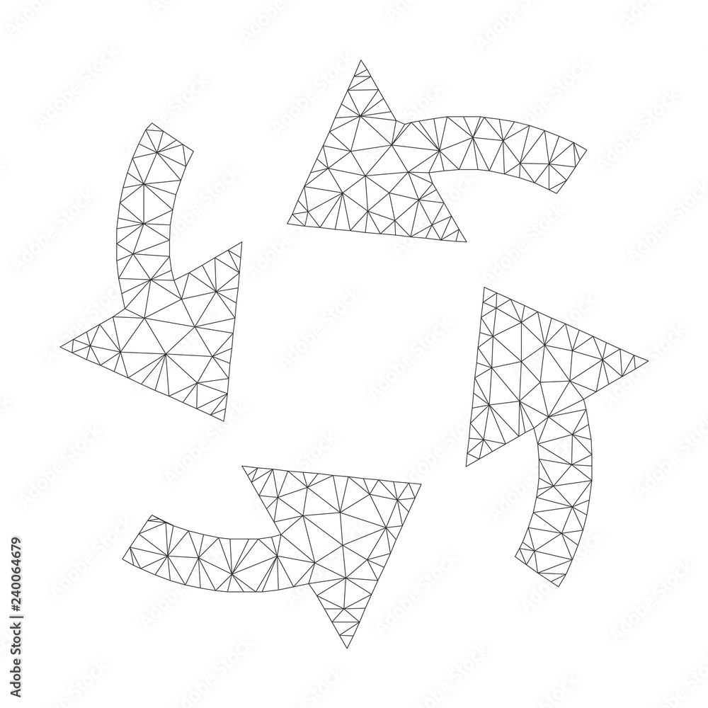 Polygonal vector cyclone arrows icon on a white background. Mesh carcass grey cyclone arrows image in low poly style with structured triangles, points and linear items.