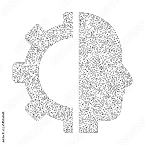 Polygonal vector cyborg gear icon on a white background. Polygonal carcass dark gray cyborg gear image in lowpoly style with connected triangles, dots and lines.