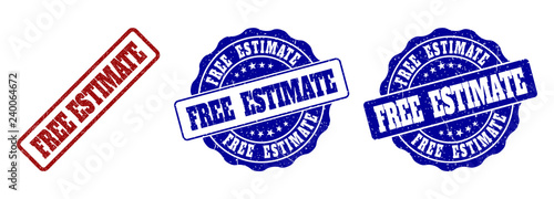 FREE ESTIMATE grunge stamp seals in red and blue colors. Vector FREE ESTIMATE marks with grunge texture. Graphic elements are rounded rectangles, rosettes, circles and text tags.