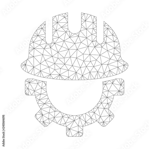 Mesh vector development hardhat icon on a white background. Polygonal wireframe dark gray development hardhat image in lowpoly style with combined triangles, dots and lines.
