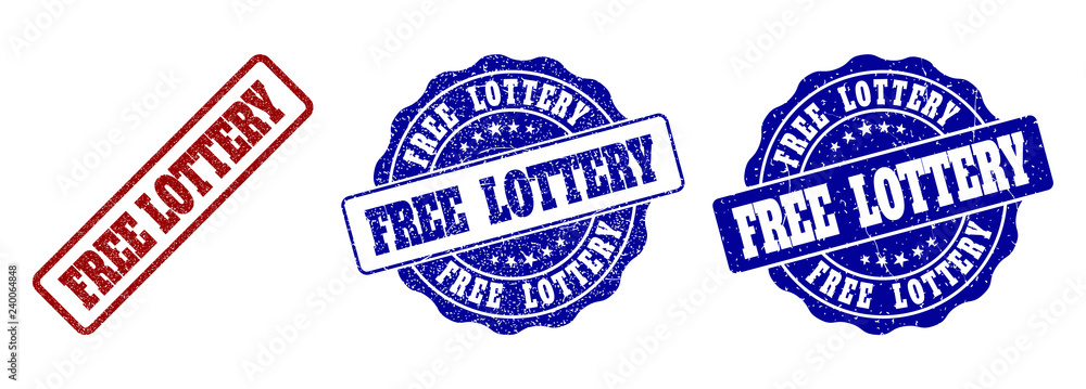 FREE LOTTERY scratched stamp seals in red and blue colors. Vector FREE LOTTERY overlays with draft effect. Graphic elements are rounded rectangles, rosettes, circles and text tags.