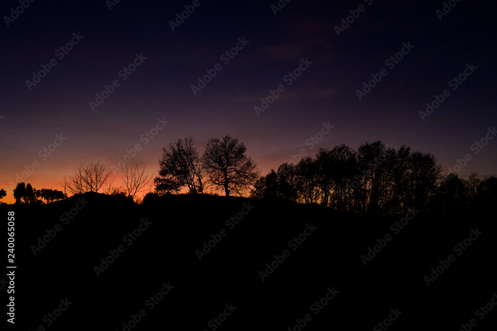 Aerial view of a spectacular sunset behind some beautiful mountains and the silhouette of some trees in the foreground.
