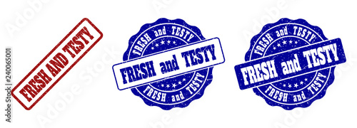 FRESH AND TESTY grunge stamp seals in red and blue colors. Vector FRESH AND TESTY imprints with grainy texture. Graphic elements are rounded rectangles, rosettes, circles and text captions.