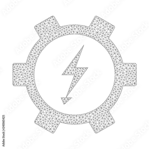 Mesh vector electric energy gear wheel icon on a white background. Mesh carcass grey electric energy gear wheel image in low poly style with structured triangles, dots and linear items.