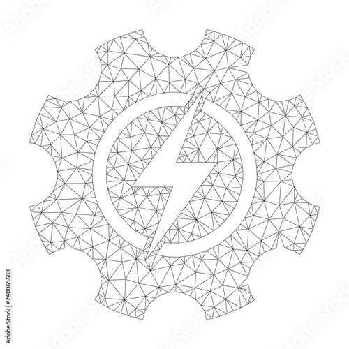 Mesh vector electric power cog gear icon on a white background. Polygonal carcass dark gray electric power cog gear image in low poly style with combined triangles, nodes and lines.