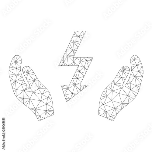 Polygonal vector electrical power maintenance hands icon on a white background. Mesh carcass dark gray electrical power maintenance hands image in low poly style with structured triangles,
