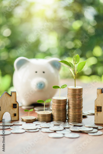 Foto Close up of stacking money coins and home model, the saving with growing your money to real estate owner in the future concept