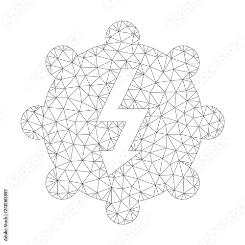 Mesh vector electricity cog wheel icon on a white background. Mesh carcass dark gray electricity cog wheel image in low poly style with combined triangles, nodes and linear items.