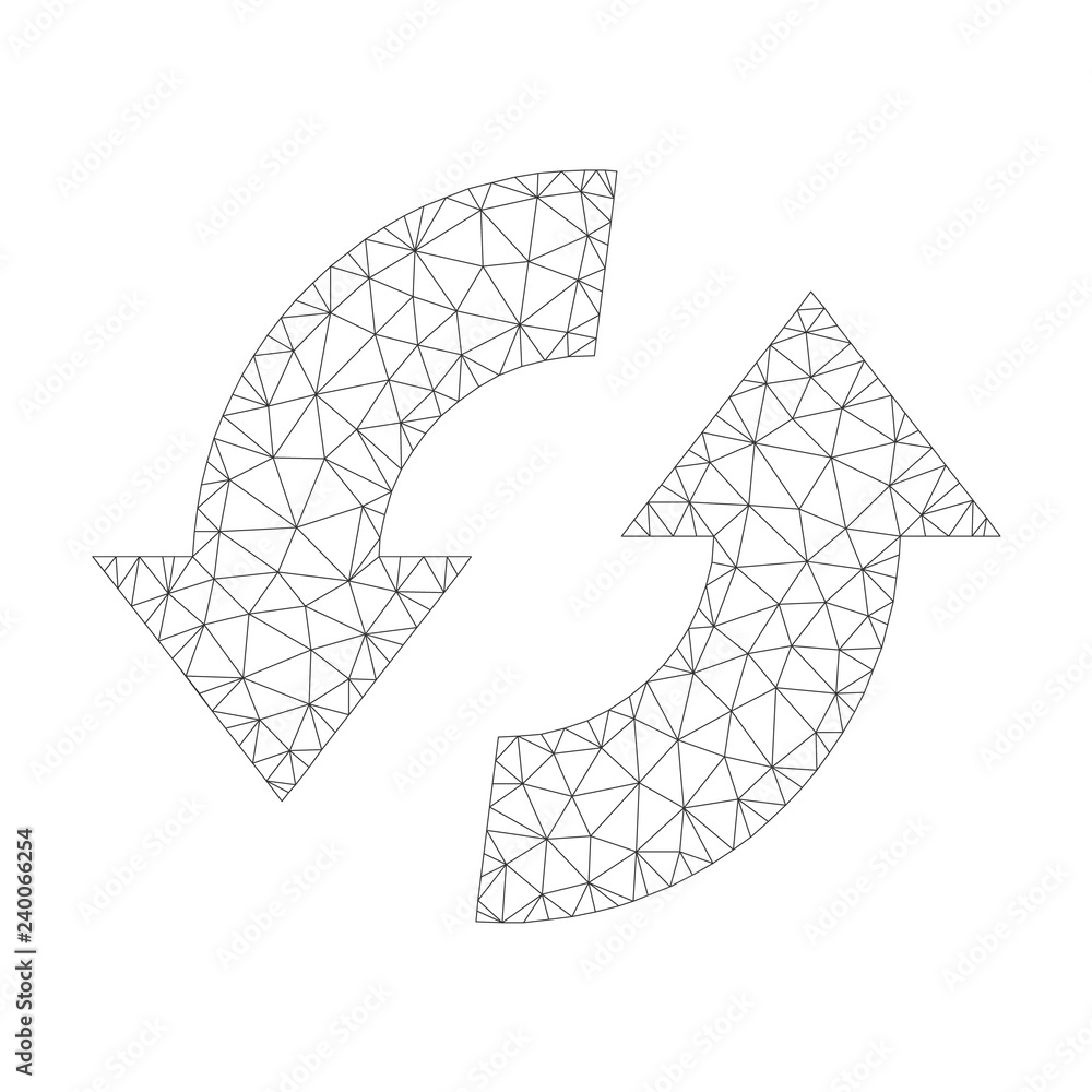 Mesh vector exchange arrows icon on a white background. Mesh carcass grey exchange arrows image in lowpoly style with connected triangles, nodes and lines.