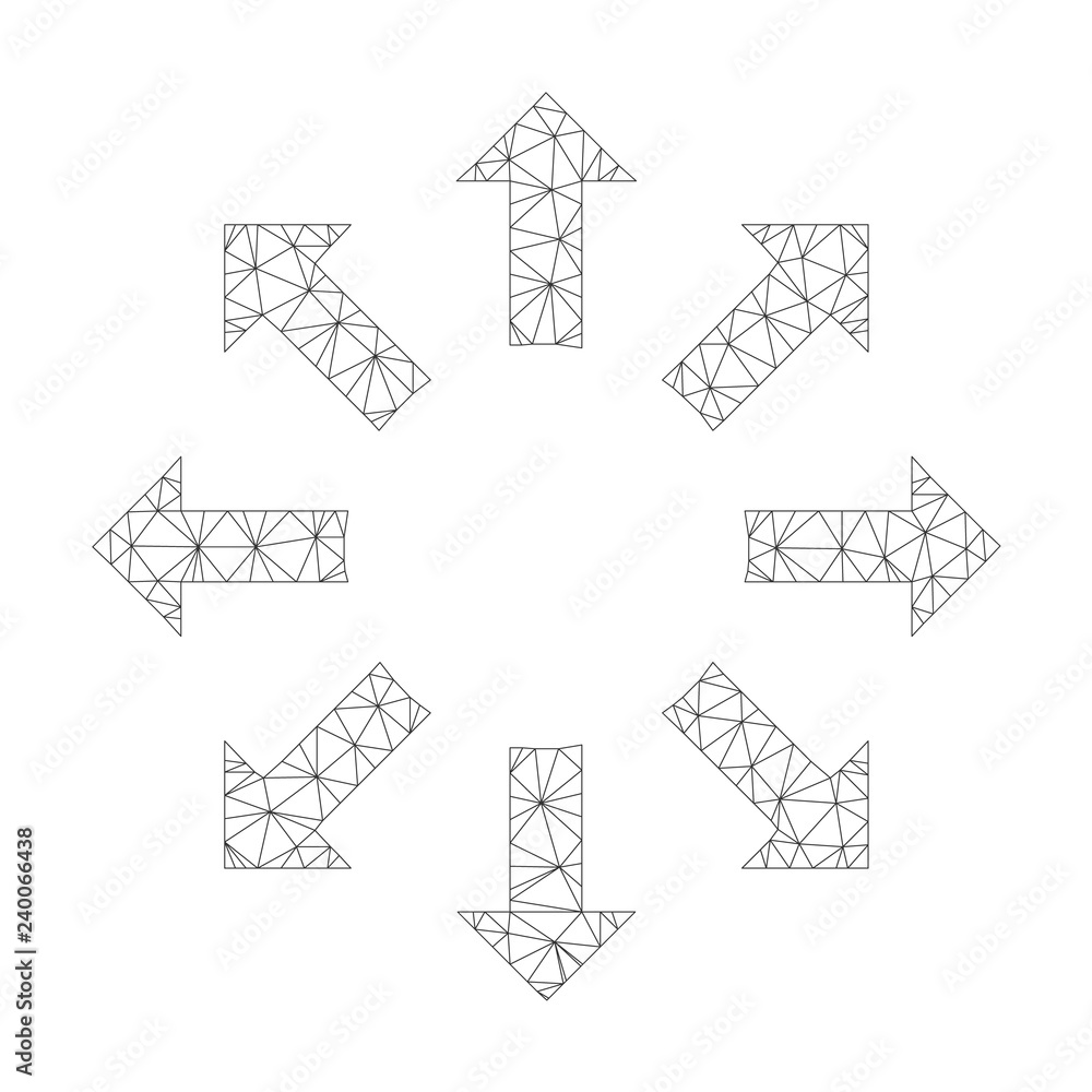 Mesh vector expand arrows icon on a white background. Polygonal carcass grey expand arrows image in low poly style with organized triangles, points and lines.