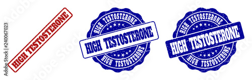 HIGH TESTOSTERONE scratched stamp seals in red and blue colors. Vector HIGH TESTOSTERONE labels with dirty texture. Graphic elements are rounded rectangles, rosettes, circles and text titles.
