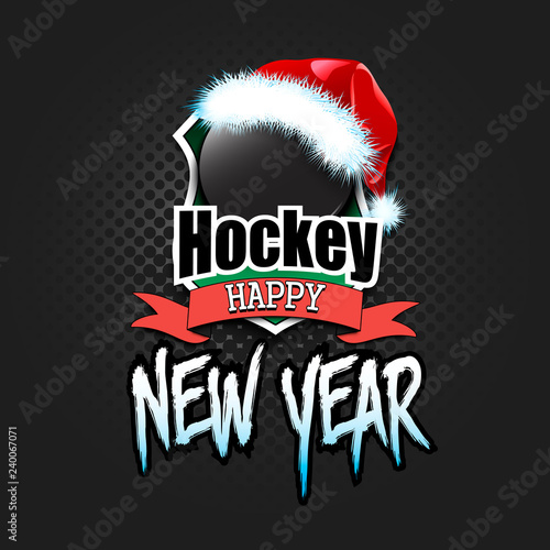 New year and hockey puck in santa hat