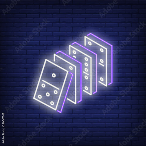 Falling domino effect neon sign. Board game and recreation design element. Night bright neon sign, colorful billboard, light banner. Vector illustration in neon style.