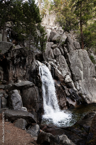 Waterfall Granite Rock And Pine Trees Yosemite National Park
