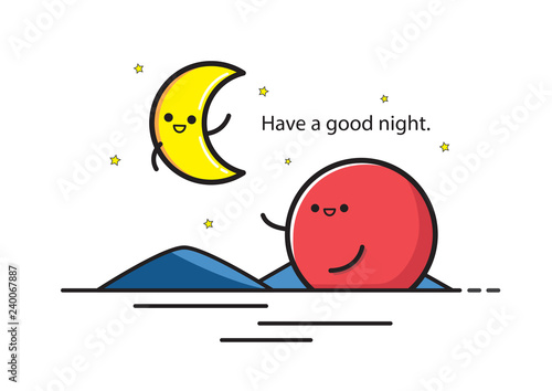 Have a good dream. Moon is saying goodbye to the sun. Vector illustration.