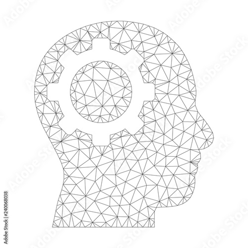 Polygonal vector intellect gear icon on a white background. Mesh wireframe gray intellect gear image in low poly style with combined triangles, nodes and lines.