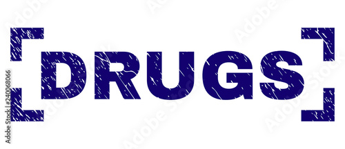 DRUGS tag seal print with distress texture. Text label is placed inside corners. Blue vector rubber print of DRUGS with corroded texture.