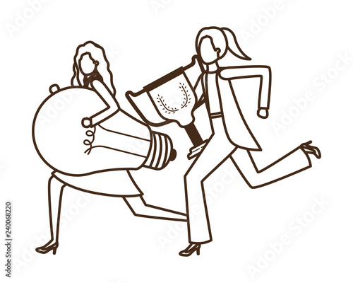 businesswomen with trophy and light bulb character