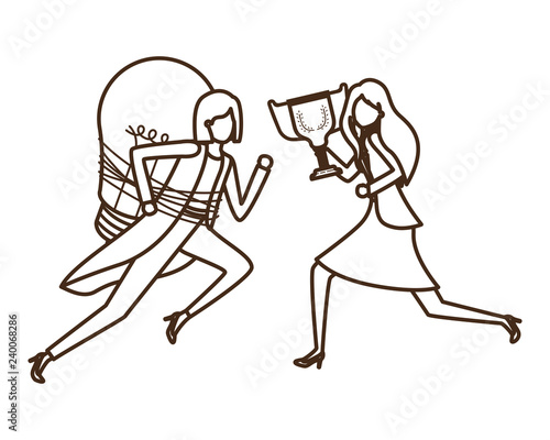 businesswomen with trophy and light bulb character
