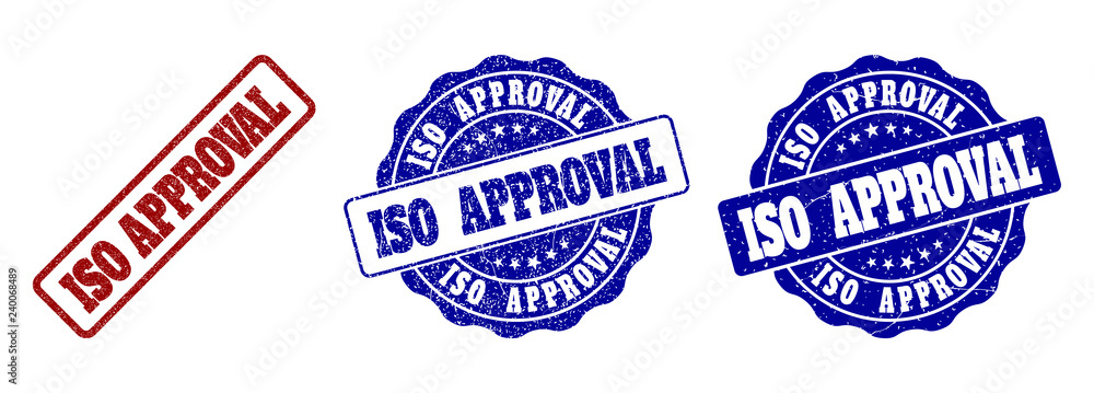 ISO APPROVAL grunge stamp seals in red and blue colors. Vector ISO APPROVAL marks with grainy surface. Graphic elements are rounded rectangles, rosettes, circles and text captions.