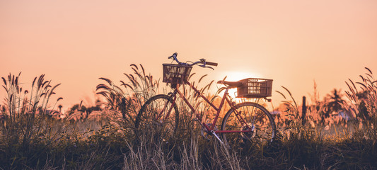 Sierkussen Foto's beautiful landscape image with Bicycle at sunset  © Looker_Studio