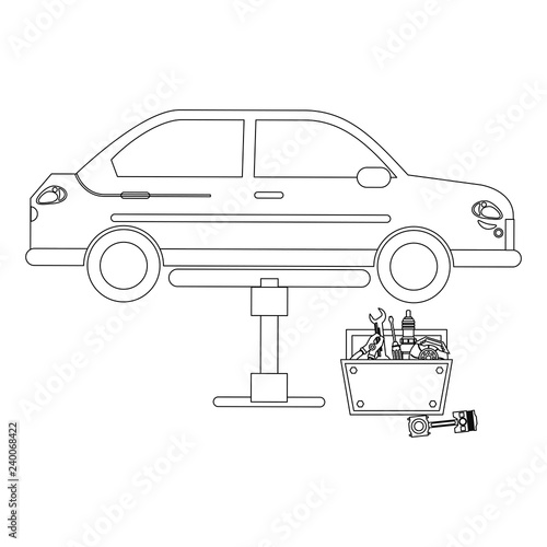 Car on hydraulic arm with toolbox in black and white