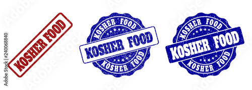 KOSHER FOOD scratched stamp seals in red and blue colors. Vector KOSHER FOOD marks with distress effect. Graphic elements are rounded rectangles, rosettes, circles and text captions.