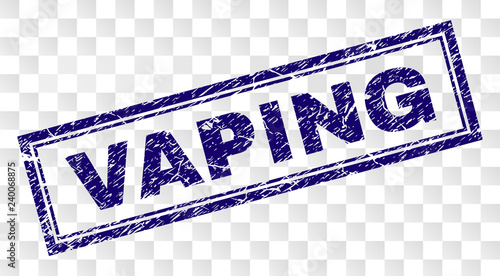 VAPING stamp seal imprint with dirty style and double framed rectangle shape. Stamp is placed on a transparent background. Blue vector rubber print of VAPING tag with dirty texture.