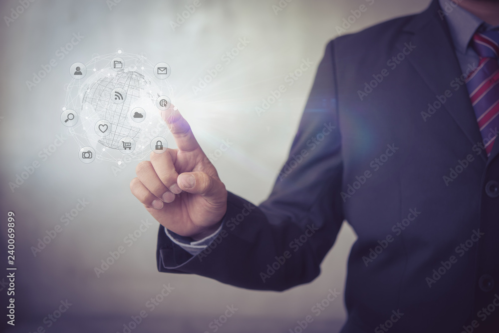 Hands touching global connection and icon customer networking data exchanges on dark background. Hands touching global connection and icon customer networking data exchanges on dark background.