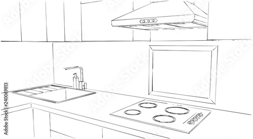 Frame in a kitchen mock up design. Black and white outline drawing.