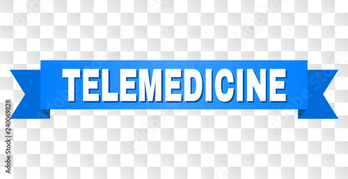 TELEMEDICINE text on a ribbon. Designed with white caption and blue stripe. Vector banner with TELEMEDICINE tag on a transparent background.
