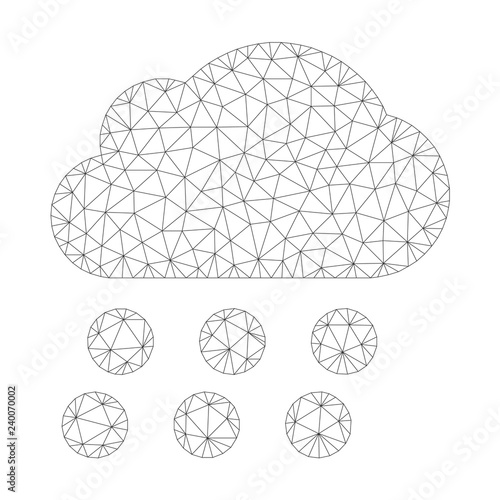 Polygonal vector rain cloud icon on a white background. Mesh wireframe grey rain cloud image in low poly style with structured triangles, nodes and linear items.