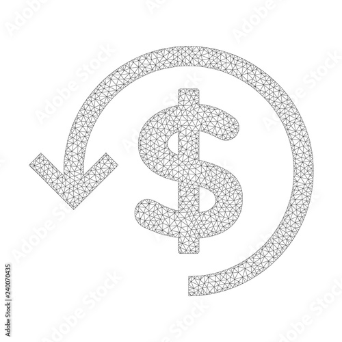 Mesh vector refund icon on a white background. Mesh carcass grey refund image in lowpoly style with organized triangles, nodes and lines.