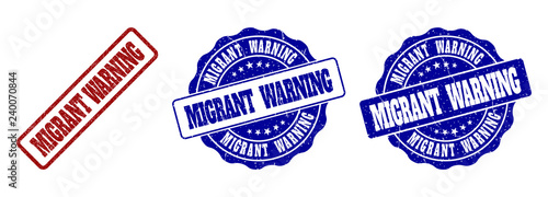 MIGRANT WARNING scratched stamp seals in red and blue colors. Vector MIGRANT WARNING imprints with dirty effect. Graphic elements are rounded rectangles, rosettes, circles and text titles.