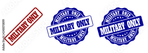 MILITARY ONLY scratched stamp seals in red and blue colors. Vector MILITARY ONLY labels with grainy style. Graphic elements are rounded rectangles, rosettes, circles and text labels.