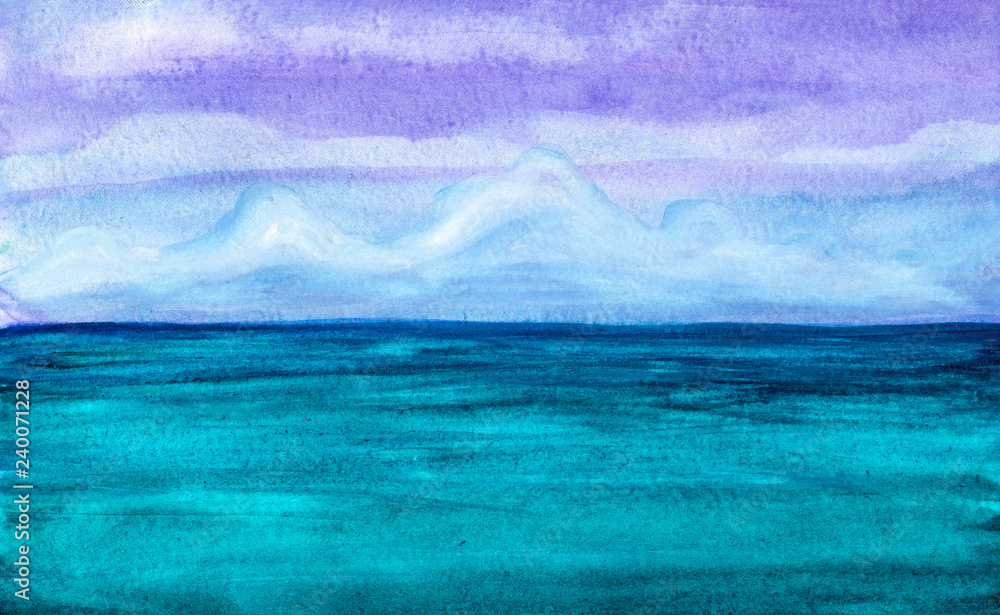 Blue calm ocean in watercolor