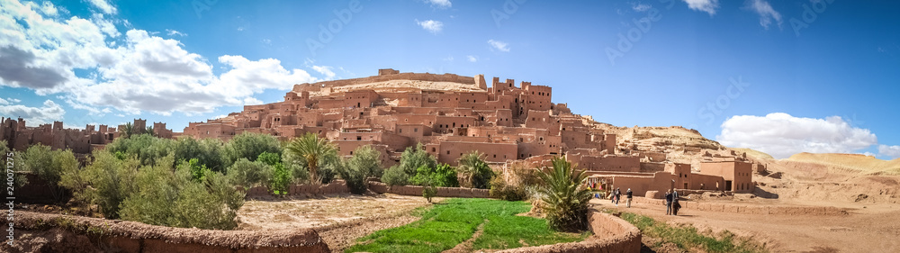 Panoramic view of Ksar Ait Benhaddou, the famous tourist sightseeing for Moroccan earthen clay architecture. Ouarzazate, Morocco.