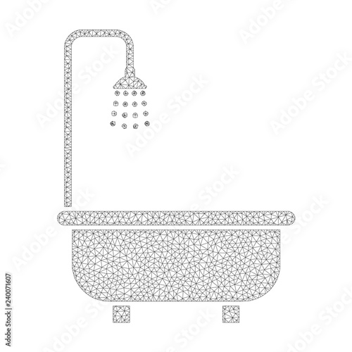 Polygonal vector shower bath icon on a white background. Polygonal carcass dark gray shower bath image in lowpoly style with structured triangles, nodes and lines.