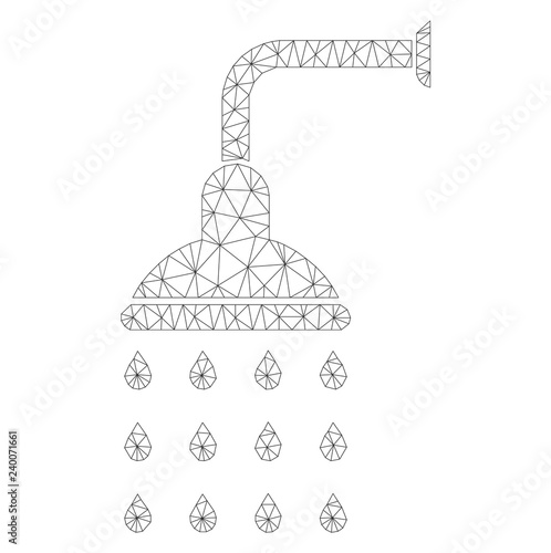 Polygonal vector shower icon on a white background. Mesh carcass grey shower image in lowpoly style with organized triangles, nodes and linear items.