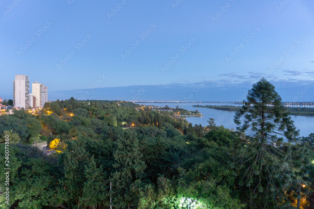 Aerial view of Parana City and the River Parana in the sunrise
